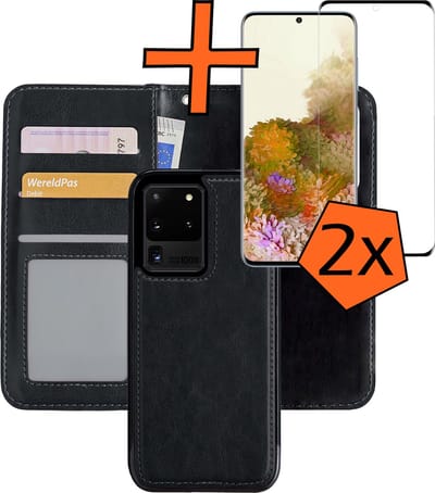 Hoes - 2 in 1 - Geschikt voor Samsung Galaxy S20 Ultra - Met 2x Screenprotector - En Uitneembare Hard Cover - Bookcase - Wallet Case - Met Pasjeshouder - Book Case - Uitneembaar - Pashouder - Kunstleer - Zwart