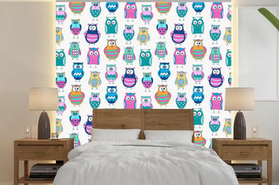 Behang - Fotobehang Regenboog - Uil - Cartoon - Breedte 240 cm x hoogte 240 cm