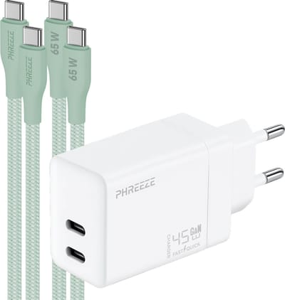 Phreeze 45w oplaadset met 2 usb C kabels voor tegelijk snelladen telefoon en tablet - 45 W Power Adapter - Dual usb C poorten - Groen