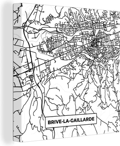 Canvas Schilderij Stadskaart - Plattegrond - Brive-la-Gaillarde - Kaart - Frankrijk - Zwart wit - 20x20 cm - Wanddecoratie