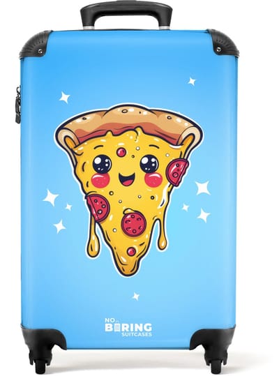 NoBoringSuitcases.com® - Kinderkoffer - Kindertrolley - Pizza - Gezicht - Blauw - Handbagage koffer lichtgewicht - Reiskoffer trolley - Rolkoffer met wieltjes - Past binnen 55x40x20 en 55x35x25