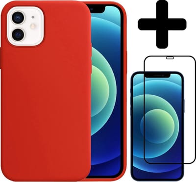 Hoesje - Met Screenprotector - Geschikt voor Apple iPhone 12 - Sterk & Shockproof - Telefoon Hoes - Back Cover - Siliconen Case - Telefoonhoes - Rood