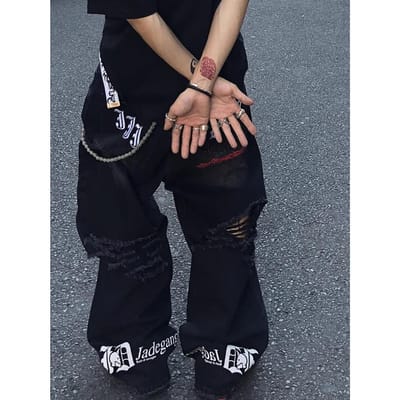 Gewassen en Oud, Beschadigd, Zwart Borduurwerk, Gescheurde en Wijde Jeans, Nieuwe Trendy Lange Broek voor Lente en Herfst 3XL zwart