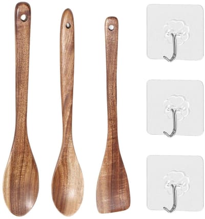 3 Stuks Langhandige Houten Lepels, 3 Stuks Haken, Houten Roerende Soeplepels, Roerbakken Warmte-Isolatie Langhandige Lepels, Keukenbenodigdheden, Punchvrije Haken, Huishoudelijke Artikelen.