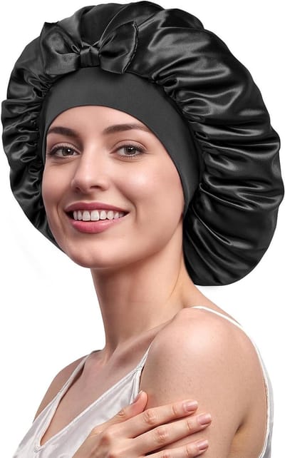 100% Moreleider 22 Momme Large Zijde Slaapmuts voor Lang Krullend Haar, Dubbele Laag, Ademend en Antislip, Verstelbare Band, Zwart