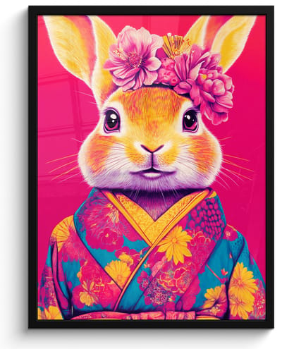 Poster in lijst - Fotolijst 50x70 cm - Posters - Konijn - Bloemen - Kleurrijk - Kimono - Posterlijst zwart - Decoratie - Wanddecoratie woonkamer - Muurdecoratie slaapkamer