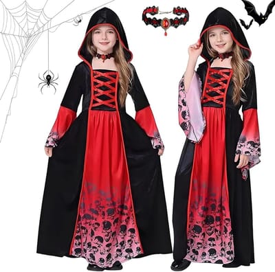 Griezelige rode en zwarte vampier jurk voor meisjes met capuchon, perfect voor Halloween, carnaval en feestjes
