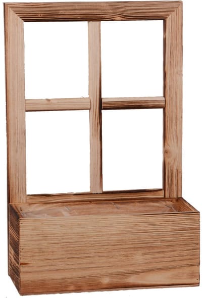 UNUS® Houten raam decoratief venster met plantenbak gevlamd 45x29cm