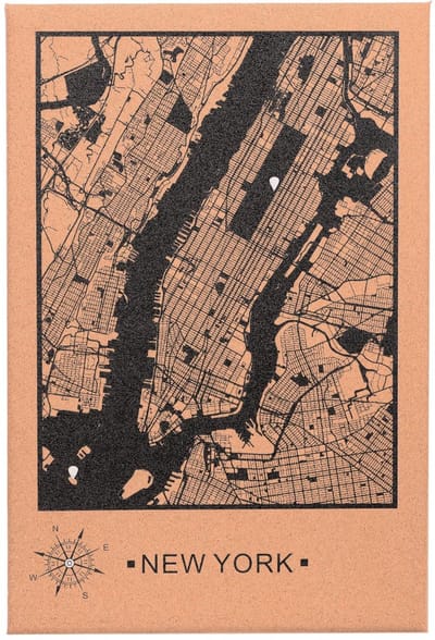 UNUS® Kurk wandbord stadskaart New York met punaises 60x40 cm zwart
