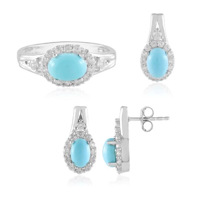 Cavill - Zilveren Ring - 925 Sterling Zilver Platina Geplateerd - 3 875 ct Sleeping Beauty Turkoois Ovaal Cabochon - Elegante Damesring met Zirkonen