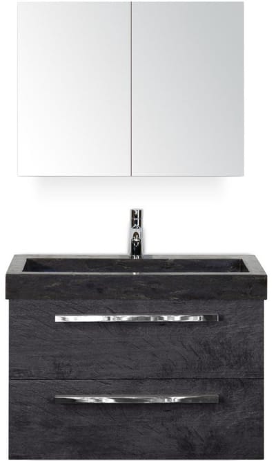 Seville Badmeubelset 80 cm - Black Oak - Wastafel Hardsteen Wit Lucca met Spiegelkast