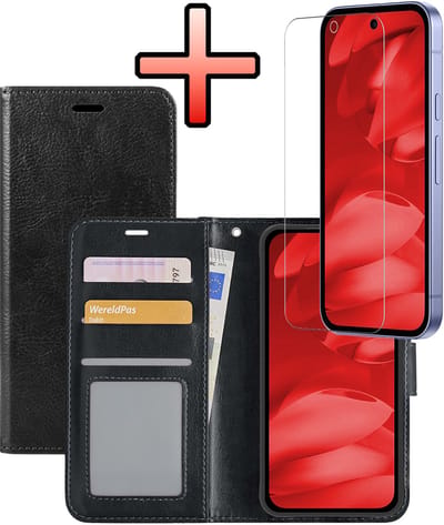 Hoesje - Met Screenprotector - Geschikt voor Google Pixel 9a - Luxe Pasjeshouder - Bookcase Portemonee - Flip Case - Kunstleer Book Case - Flipcase - Book Cover - Walletcase - Portemonneehoes - Zwart