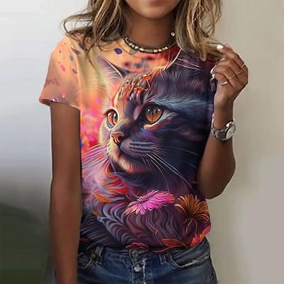 T-shirts d'été pour femmes Drôle Mode Manches Courtes Haut Femmes 3d Kawaii Chat Imprimé T-shirts Y2k Surdimensionné Vêtements Féminins 6XL brown