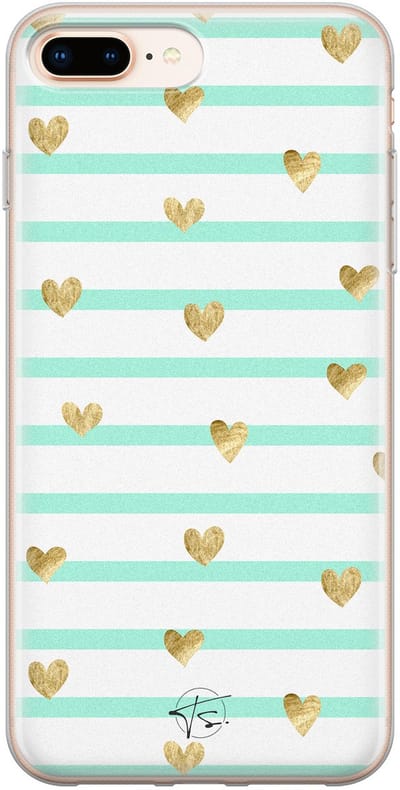 Hoesje geschikt voor iPhone 8 Plus - Mint hartjes - Soft Case - TPU - Print - Blauw - Mooie Telefoonhoesjes