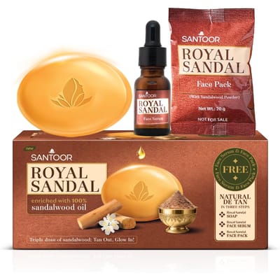 Santoor Royal Sandalwood Zeep, Serum & Gezichtsmasker | 100% Sandelhoutolie & Poeder | 3-Staps Natuurlijke Ontbruining | Huid zonder Bruining, Gelijkmatige Huidskleur & Glans | 125g orange