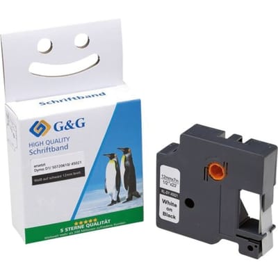 Schrijftape G&G, compatibel met Dymo D1/S0720610/45021, wit op zwart, zelfklevend, kunststof, L 7 m x B 12 mm, 1 stuk