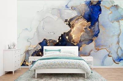 Behang - Fotobehang Marmer - Blauw - Goud - Breedte 295 cm x hoogte 220 cm