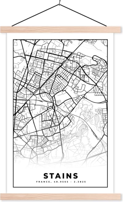 Posterhanger incl. Poster 40x60 cm - Schoolplaat - Stains - Stadskaart – Plattegrond – Kaart – Frankrijk - Zwart wit - Textielposter - Blanke latten - Stadskaart