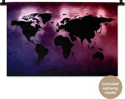Wandkleed WereldkaartenKerst illustraties - Zwarte wereldkaart op donkere achtergrond in paars en roze Wandkleed katoen 60x40 cm - Wandtapijt met foto