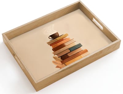 Dienblad hout 40x30 cm - Schootdienblad - Boeken - Toren - Koffie - Beige - Borrelplank rechthoek - Plateau dienbladen