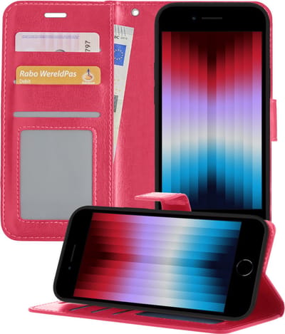 Hoesje - Met Pasjeshouder - Geschikt voor Apple iPhone SE (2022) - Luxe Bookcase Portemonee - Flip Case - Kunstleer Book Case - Flipcase - Book Cover - Walletcase - Portemonneehoes - Telefoonhoesjes - Donkerroze