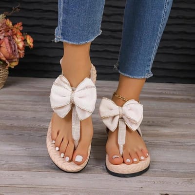 Zomer Dames Slippers Ultralicht Reis Strand Sandalen Zoete Lint Strik Flip Flops Slippers Dames Designer Outdoor Slides Dames 43 beige