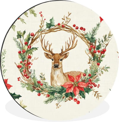 WallCircle - Wandcirkel - Muurcirkel - Kerstkrans - Hert - Hulst - Rood - Aluminium - Dibond - 30x30 cm - Binnen en Buiten
