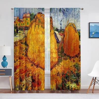 Korenveld met cipressen van Van Gogh Klassieke kunst Tule doorzichtige gordijnen Transparant raamgordijn voor woonkamer Slaapkamerdecoratie W50xH130(CM)x2PCS-Grommet Top