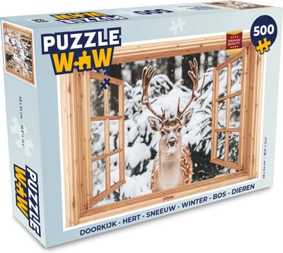 Puzzel Doorkijk - Hert - Sneeuw - Winter - Bos - Dieren - Legpuzzel - Puzzel 500 stukjes