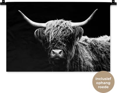 Wandkleed - Wanddoek - Schotse Hooglander - Koe - Zwart - Wit - Dieren - 60x40 cm - Wandtapijt