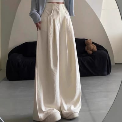 Witte wijde pijpen broek dames zomer nieuw hoge taille losse rechte pijpen pak broek S gray