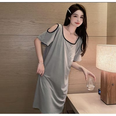 Grote maat Pure Desire Wind Nachthemd Dames Zomer Korte Mouw Strapless IJs Zijde Pit Streep Pyjama Zomer Dunne Sectie 3XL grijze kleur