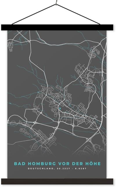 Posterhanger incl. Poster 60x90 cm - Schoolplaat - Stadskaart – Kaart – Bad Homburg vor der Höhe – Blauw – Duitsland – Plattegrond - Textielposter - Zwarte latten - Stadskaart