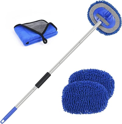 Hoge Kwaliteit Auto Wasborstel met Verlengde Handgreep, 180° Draaibaar, Inclusief 2 Chenille Vervangkoppen en Microvezeldoek voor Effectieve Auto Cleaning
