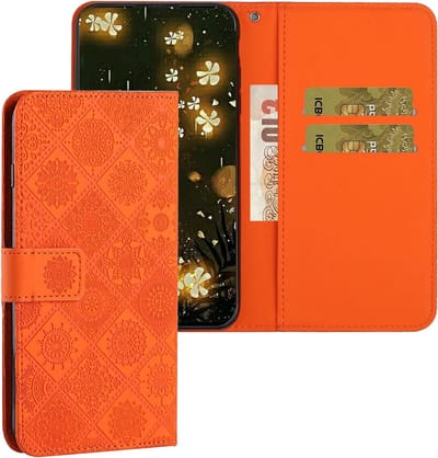 Leren Flip Case voor iPhone D Pro Max met Lanyard en Kickstand - Beschermende Vouwcase in Oranje voor Smartphone