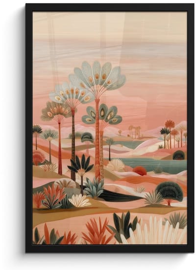 Poster in lijst - Fotolijst 40x60 cm - Posters - Roze landschap - Palmen - Water - Posterlijst zwart - Decoratie - Wanddecoratie woonkamer - Muurdecoratie slaapkamer