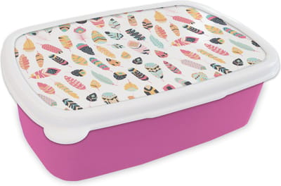 Broodtrommel Roze - Lunchbox - Brooddoos - Veren - Pluimen - Patronen - Pastel - 18x12x6 cm - Kinderen - Meisje