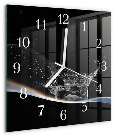 Tulup Wandklok - Water Glazen Wandklok Design - 30x30 cm - Zwart Klok Glas Met Opdruk - Witte Handen - Vierkante Wandklok - Moderne Wandklok Glas - Wandklok Glas Decoratie