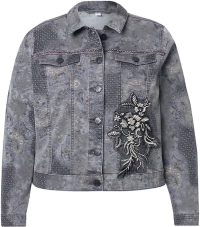 MIAMODA - Dames - Denim jas classic fit applicatie - Zwart - Maat 50