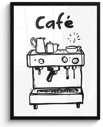 Fotolijst inclusief poster - Posterlijst 50x70 cm - Posters - Illustratie - Café - Koffiemachine - Kopjes - Foto in lijst - Keuken decoratie muur - Wanddecoratie accessoires - Muurdecoratie - Schilderijen