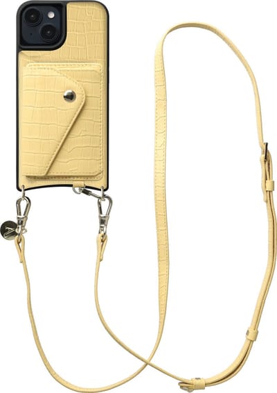 AVY Leren Hoesje geschikt voor Apple iPhone 15 | Met Koord en Kaarthouder | Compatibel met MagSafe | Leather Case met Crossbody Koord & Wallet | Long Leather | Croco Geel