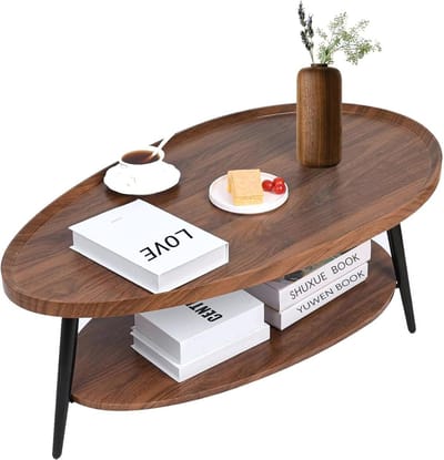 Ovale salontafel - Woonkamertafel - Opbergen en decoreren - Met metalen frame - 100 x 55 x 38 cm - Notenhout