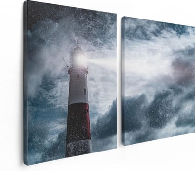Artaza Canvas Schilderij Tweeluik Vuurtoren tijdens de Regen Storm - 120x80 - Foto Op Canvas - Canvas Print