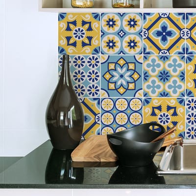 Zelfklevende tegelmuurstickers voor keuken en badkamer - 9 cementtegelstickers, Indiase stijl - 9 stickers, 10x10 cm