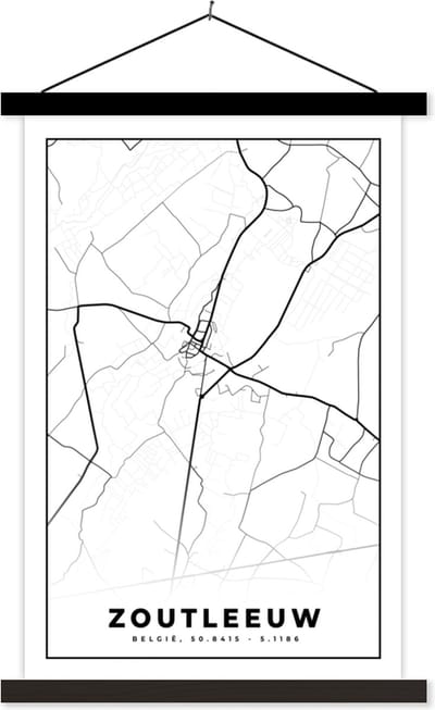 Posterhanger incl. Poster 40x60 cm - Schoolplaat - Zwart Wit – België – Plattegrond – Stadskaart – Kaart – Zoutleeuw - Textielposter - Zwarte latten - Stadskaart
