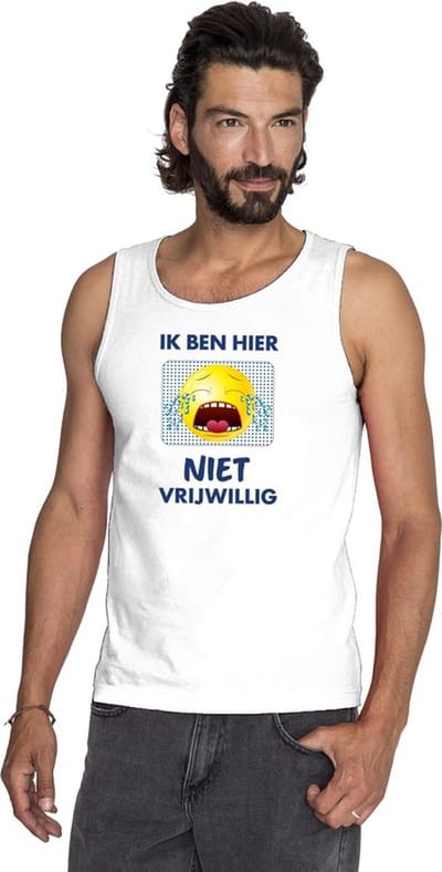 Wit mouwloos feest shirt/ tanktop - Ik ben hier niet vrijwillig met emoticon voor heren S