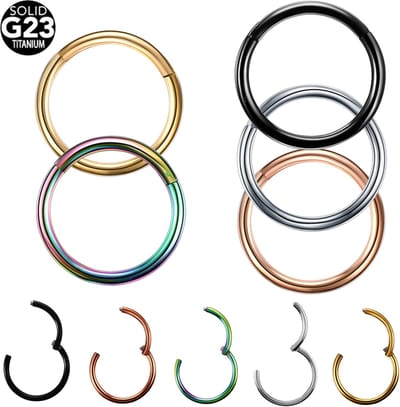 5 Helix piercings: goud & zilver & Zwart & Rose gold & regenboog - Titanium piercings Voordeelverpakking - Chirurgisch Stalen Ring Piercing - Diameter 8mm - Dikte 1.2mm - Ringetje geschikt voor Helix, Tragus, Septum, Lip, Neus & wenkbrauw piercing-
