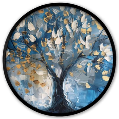 Poster in lijst Rond - Fotolijst 40x40 cm - Posters - Boom - Blauw - Goud - Abstract - Ronde posterlijst zwart - Decoratie - Wanddecoratie woonkamer - Muurdecoratie slaapkamer
