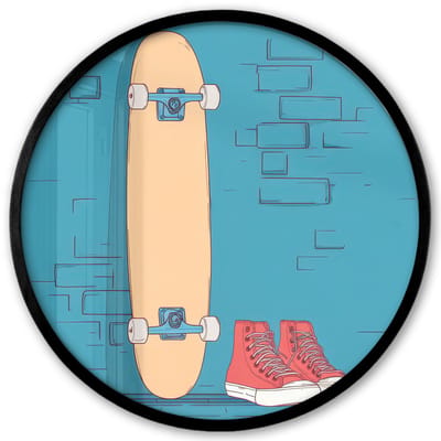 Poster in lijst Rond - Fotolijst 40x40 cm - Posters - Skateboard - Gympen - Rood - Minimalistisch - Ronde posterlijst zwart - Decoratie - Wanddecoratie woonkamer - Muurdecoratie slaapkamer