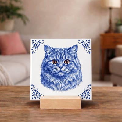 Delftsblauw Tegeltje 11x11 Langharige Kat – Cadeau voor Kattenliefhebber
